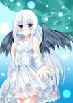  angel_wings bare_shoulders black_wings blue_eyes blush borrowed_character breasts dress fiira_(inose_riku) kouzuki_fukurou long_hair looking_at_viewer medium_breasts original smile solo strapless strapless_dress very_long_hair white_dress white_hair wings 