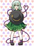  blush bow fang green_eyes green_hair hat hat_bow hat_removed headwear_removed highres holding holding_hat komeiji_koishi solo touhou yuran_(kuen-hien) 