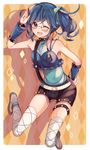  ;d aicedrop aikatsu! aikatsu!_(series) ankle_lace-up bad_id bad_pixiv_id blue_hair blush cross-laced_footwear kiriya_aoi looking_at_viewer one_eye_closed open_mouth salute short_shorts shorts side_ponytail smile solo thighhighs 