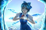  blue_eyes blue_hair blue_sky bow cirno dress hair_bow heart heart_hands ice ice_wings iceberg looking_at_viewer narongdej_watcharapasorn open_mouth puffy_short_sleeves puffy_sleeves ribbon short_hair short_sleeves sky snowflakes solo touhou water wings 