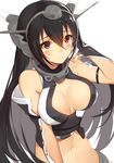  black_hair blush breasts cleavage cleavage_cutout headgear kantai_collection large_breasts long_hair nagato_(kantai_collection) navel red_eyes simple_background solo suika01 white_background 