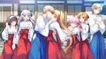  5girls :o asasaka_meguri black_hair blonde_hair game_cg hairband hakama heterochromia highres ikegami_akane imouto_no_okage_de_mote_sugite_yabai japanese_clothes kimono kiss light_brown_hair miko mizunashi_miya multiple_boys multiple_girls outdoors pink_hair red_hakama ribbon-trimmed_sleeves ribbon_trim shiratori_eijiro shiratori_kanae short_hair silver_hair toshima_maina twintails yonaga_aoba 