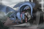  anal anus black_dragon blue_dragon blush butt dragon duo erection feral feral_on_feral fog from_behind gay holding_penis horn karukuji looking_back male nude oral outside penis pose rimming sitting tapering_penis tongue wings 