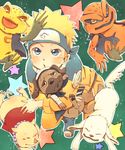  1boy :d akamaru_(naruto) amphibian_eyes blonde_hair blue_eyes dog facial_mark forehead_protector frog frown gamakichi gamatatsu headband highres jacket jewelry looking_at_viewer naruto necklace o96ap open_mouth pakkun pig smile star tagme tonton_(naruto) uzumaki_naruto waving younger 