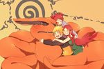  1boy 2girls :d blonde_hair blush double_bun eyes_closed facial_mark fang forehead_mark fox hair_ornament hairclip hug kurama_(naruto) kyuubi_(naruto) long_hair multiple_girls naruto naruto_shippuuden o96ap open_mouth red_eyes red_hair short_hair slit_pupils smile uzumaki_kushina uzumaki_mito uzumaki_naruto very_long_hair 