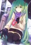  black_gloves black_legwear gloves green_eyes green_hair hair_ribbon hatsune_miku long_hair outstretched_arm purple_scarf ribbon rizky_(strated) scarf skirt smile snow snowing solo squatting thighhighs twintails umbrella very_long_hair vocaloid 