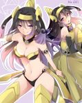  aegislash armor bikini bikini_armor black_hair bracelet breasts cleavage detached_sleeves dress dual_persona gen_6_pokemon highres jewelry long_hair medium_breasts multicolored_hair multiple_girls navel personification pink_hair pokemon purple_eyes purple_hair shield sleeveless sleeveless_dress smile swimsuit sword takeshima_(nia) weapon 