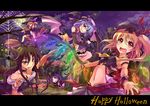  :d animal_ears bare_tree bat blush castle flandre_scarlet full_moon graveyard halloween halloween_costume hat imaizumi_kagerou kaenbyou_rin kaenbyou_rin_(cat) kakao_rantan kirisame_marisa letterboxed long_hair looking_at_viewer midriff miyako_yoshika mob_cap moon multiple_girls navel open_mouth palms plant purple_sky remilia_scarlet sekibanki smile stomach tombstone touhou tree 