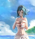  bare_shoulders bikini_top blue_hair bow_(bhp) breast_suppress breasts cleavage cloud day front-tie_top green_eyes gundam gundam_build_fighters halterneck highres iori_rinko large_breasts navel ponytail scrunchie sketch smile solo water 