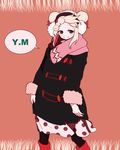  bad_id bad_pixiv_id blonde_hair blue_eyes blush_stickers boots casual coat double_bun dress earmuffs long_coat looking_at_viewer mase_yuuko pantyhose polka_dot polka_dot_dress saki scarf short_hair smile solo standing winter_clothes yaku_yojino 