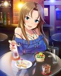  alcohol artist_request beer black_legwear blue_eyes blush bottle breasts brown_hair cherry cleavage cup food fruit heineken idolmaster idolmaster_cinderella_girls jewelry jpeg_artifacts long_hair matsumoto_sarina necklace official_art pub smile thighhighs 