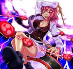  arm_up belt bouncing_breasts breasts cleavage collarbone cross-laced_footwear drum drum_set drumsticks highres horikawa_raiko instrument jacket juliet_sleeves large_breasts lightning long_sleeves looking_at_viewer necktie one_eye_closed open_clothes open_jacket open_mouth pink_eyes pink_hair puffy_sleeves purple_neckwear rakku_(10219563) shirt sitting_on_drum skirt smile solo taiko_drum touhou 