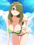  adjusting_clothes adjusting_swimsuit bent_over bikini breasts brown_eyes chousoku_henkei_gyrozetter cloud cowboy_shot day glasses green_bikini green_hair hair_over_one_eye highres large_breasts long_hair looking_at_viewer parted_lips semi-rimless_eyewear shoudou_kotoha solo sweat swimsuit under-rim_eyewear yuki_(12cut) 