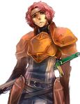  armor artist_request belt blue_eyes breastplate curly_hair faulds fire_emblem fire_emblem:_akatsuki_no_megami headband highres makalov male_focus pauldrons pink_hair simple_background solo source_request sword weapon 