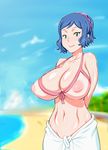  1girl areolae beach bikini_top blue_hair breasts female green_eyes gundam gundam_build_fighters highres huge_breasts iori_rinko milf mound_of_venus navel nipples ocean outdoors puffy_nipples see-through short_hair solo standing summer takaryo towel 