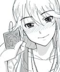  blush condom holding hoshii_miki humiyou idolmaster idolmaster_(classic) jewelry long_hair looking_at_viewer monochrome necklace smile solo 