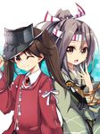  ;) amano_kouki bangs brown_eyes brown_hair commentary hair_between_eyes hand_on_headwear hand_up headband honeycomb_(pattern) honeycomb_background japanese_clothes kantai_collection long_hair long_sleeves looking_at_viewer magatama multiple_girls muneate one_eye_closed open_mouth ponytail ryuujou_(kantai_collection) smile striped twintails upper_body vertical_stripes visor_cap wide_sleeves zuihou_(kantai_collection) 