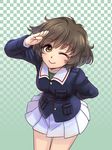  akiyama_yukari arms_behind_back blush brown_eyes brown_hair checkered checkered_background girls_und_panzer jacket leaning_forward looking_at_viewer messy_hair military military_uniform miniskirt one_eye_closed ooarai_military_uniform pleated_skirt salute shinmai_(kyata) short_hair skirt smile solo standing uniform white_skirt 