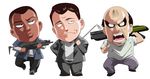  chibi franklin_clinton golf_club grand_theft_auto grand_theft_auto_v gun highres male_focus michael_de_santa multiple_boys shotgun simple_background submachine_gun tamanegiya trevor_philips weapon white_background 