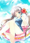  barefoot blue_eyes blush breasts brown_hair cloud day flower hair_flower hair_ornament hibiscus innertube long_hair looking_at_viewer medium_breasts natsuki_coco one-piece_swimsuit one_eye_closed original school_swimsuit sky smile solo swimsuit twintails very_long_hair 