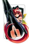 :o absurdres ahoge arms_behind_head ass blush bodysuit bou breasts crotch hair_intakes highres kagami_sumika large_breasts legs_up long_hair long_legs looking_at_viewer muvluv official_art pilot_suit ponytail red_eyes red_hair scan solo very_long_hair 