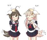  ahoge animal_ears arms_behind_back blonde_hair blush blush_stickers braid brown_hair dog_ears dog_tail hair_flaps hair_ornament hair_over_shoulder hair_ribbon hairclip kantai_collection kemonomimi_mode multiple_girls open_mouth petting remodel_(kantai_collection) ribbon shigure_(kantai_collection) single_braid tail tail_wagging translated yunkaasu_(kakushiaji) yuudachi_(kantai_collection) 