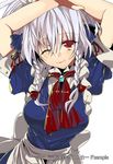  apron braid crossed_arms dress eyelashes hands_on_own_head izayoi_sakuya looking_at_viewer maid maid_apron maid_headdress manyako_(mohumohu) messy_hair necktie nose red_eyes ribbon short_hair silver_hair smile solo touhou twin_braids 