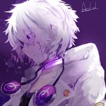  add_(elsword) aki_(a2006p1074) character_name coat elsword grin male_focus purple purple_background purple_eyes smile solo tattoo tracer_(elsword) white_hair 