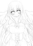  angel_wings bad_id bad_pixiv_id bare_shoulders blush breasts dress fiira_(inose_riku) greyscale hands_on_own_chest highres inose_riku large_breasts lineart long_hair looking_at_viewer monochrome original smile solo strapless strapless_dress very_long_hair wings 