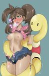  1girl ahegao areola artist_request bestiality black_eyes blush boy_(badboy3316) breasts brown_hair clothing dark_skin drooling duo female green_eyes hair highres human interspecies mammal navel nintendo nipples open_mouth plain_background pok&#233;mon pok&#233;philia pokemon pokemon_(game) pokemon_xy pussy pussy_juice restrained saliva sana_(pokemon) shauna_(pokemon) shell shirt shirt_lift shorts shuckle simple_background small_breasts sweat tentacle tentacles tongue tongue_out unknown_artist video_games yellow_skin 