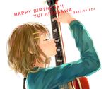  2013 brown_hair character_name closed_eyes dated guitar hair_ornament hairclip happy_birthday hirasawa_yui instrument k-on! kiss object_kiss short_hair sorahasi 