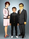  1girl 2boys age_difference blazer brown_eyes brown_hair business_suit earrings family family_portrait father_and_son gakuran glasses jewelry looking_at_viewer milf mother_and_son multiple_boys necklace pantyhose pose posing ring school_uniform short_hair simple_background skirt standing tankuro_(funhouse) v_arms 