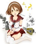  :d bad_id bad_pixiv_id brown_eyes brown_hair burnt_clothes detached_sleeves dirty hairband headband hinoshita_akame kantai_collection natori_(kantai_collection) open_mouth pleated_skirt school_uniform serafuku short_hair sitting skirt smile smoke solo tears torn_clothes wariza white_hairband 