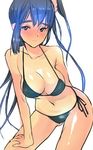  bikini black_hair blue_eyes blush breasts coin_rand hand_on_thigh highres hips large_breasts leaning_forward long_hair looking_at_viewer original side-tie_bikini side_ponytail sidelocks smile solo swimsuit thighs very_long_hair 