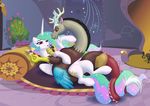  antler antlers bed couple crown cuddling cutie_mark discord_(mlp) draconequus equine female fireplace flower friendship_is_magic gold hair horn horse lying male mammal merrypaws multi-colored_hair my_little_pony pony princess_celestia_(mlp) purple_eyes red_eyes sparkles winged_unicorn wings 
