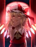  ascot bad_id bad_pixiv_id blonde_hair fangs flandre_scarlet hat long_hair looking_at_viewer niwashi_(yuyu) red_eyes solo tongue tongue_out touhou window wings wrist_cuffs 