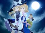  ^_^ alice_margatroid blonde_hair blush broom broom_riding bwell closed_eyes cloud full_moon hairband hat hug hug_from_behind kirisame_marisa long_hair moon multiple_girls multiple_riders night night_sky one_eye_closed scarf shanghai_doll short_hair sky smile touhou witch_hat yellow_eyes 