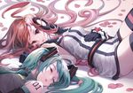  bad_id bad_pixiv_id detached_sleeves gloves green_hair hatsune_miku long_hair looking_at_viewer lying multiple_girls necktie on_back petals pomumu red_eyes red_hair sf-a2_miki sleeping thighhighs very_long_hair vocaloid 