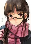  blush braid brown_hair character_name coat coin_rand eyebrows glasses original red_eyes scarf semi-rimless_eyewear side_braid sidelocks smile solo thick_eyebrows translation_request under-rim_eyewear 