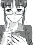  akizuki_ritsuko blush book condom finger_to_mouth folder formal glasses hair_bun holding humiyou idolmaster idolmaster_(classic) looking_at_viewer monochrome parted_lips shushing solo 