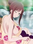  1girl akana_rui areolae blue_eyes blush breasts brown_hair chousoku_henkei_gyrozetter highres japanese_clothes large_breasts long_hair looking_at_viewer nail_polish nipples nude onsen pink_nails sideboob sitting smile solo steam sweat water wink 