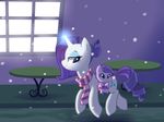  baby blue_eyes clothing crossbreed crystal_clarity cub cute cutie_mark duo equine female feral friendship_is_magic fur glowing hair hi_res horn horse hybrid kilala97 kirin long_hair looking_back magic mammal my_little_pony original_character outside pony purple_hair rarity_(mlp) scarf smile snow snowing table unicorn white_fur window winter young 