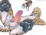  4_toes abs anthro balls barbs blue_eyes butt claws digitigrade erection feline foot_focus hair hindpaw leopard lying male mammal nipples nude on_back pawpads paws penis pink_nose plain_background precum presenting smile soles solo spots spreading toes toots whiskers white_background 