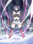  bare_shoulders black_hair breast_hold breasts cannon crossed_arms gunbuster_pose h-new hair_ornament kantai_collection large_breasts long_hair nagato_(kantai_collection) navel red_eyes red_legwear skirt smirk solo thighhighs 