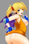  arcana_heart arcana_heart_2 ass bare_shoulders blonde_hair blue_eyes breasts demon_girl demon_wings elbow_pads fangs fingerless_gloves from_behind gloves grey_background large_breasts lilica_felchenerow looking_back naked_shirt nipples no_panties open_mouth pointy_ears shirt short_hair simple_background smile solo tomatto_(@ma!) twintails wings 