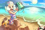  1girl beach borrowed_character bucket character_request clam crab hairband happy junkpuyo kamina_shades ocean red_eyes sand_castle sand_sculpture shelby_(woof) skirt sleeveless solo white_hair 