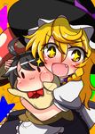  2girls :3 ahoge black_eyes black_hair blonde_hair blush bow braid chibi fang hair_bow hat hat_bow houjuu_nue kirisame_marisa multiple_girls mushroom_girl rindou_(p41neko) side_braid sparkling_eyes take_it_home touhou witch_hat yellow_eyes 