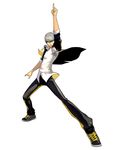  armband fabulous grey_eyes grey_hair male_focus narukami_yuu official_art persona persona_4 persona_4:_dancing_all_night persona_dancing pointing pointing_up school_uniform simple_background solo white_background 