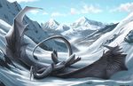  ambiguous_gender blue_eyes claws cloud clouds cool_colors digitigrade dragon feathers feral horn khyaber legs_up looking_at_viewer lying mountain on_back open_mouth scales snow solo wings 