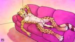  anthro balls body_markings brown_eyes cheetah chest_tuft claws feline fur looking_at_viewer lying male mammal markings nude on_back orange_eyes pose sheath sofa solo tsaiwolf tuft yellow_fur 